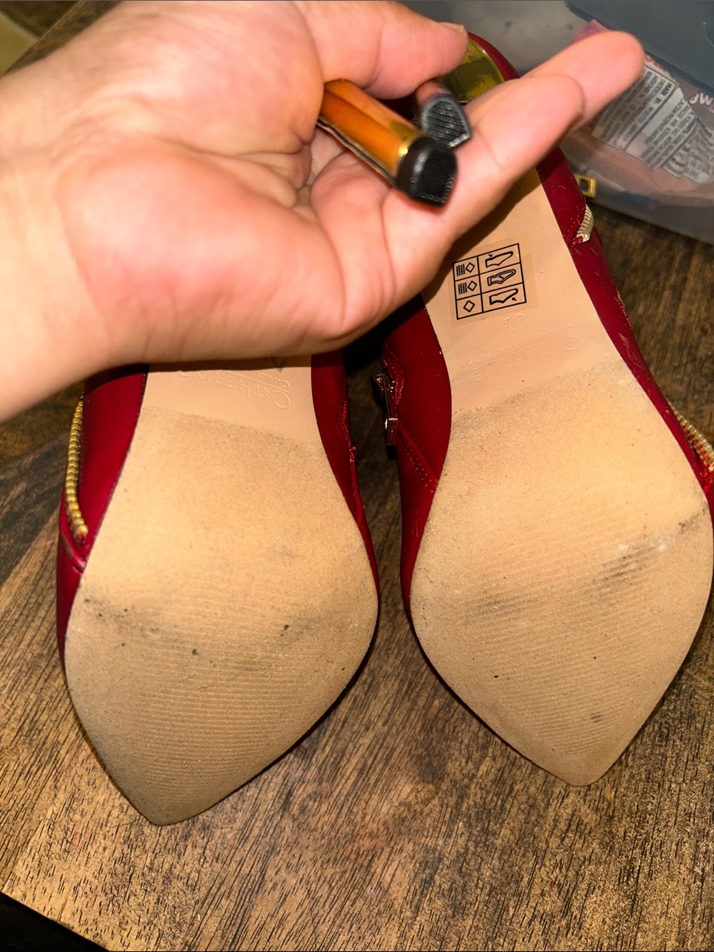 Catherine Malandrino Red Pointed-Toe Stiletto Ankle Boots with Gold Accents - Picture 6 of 6